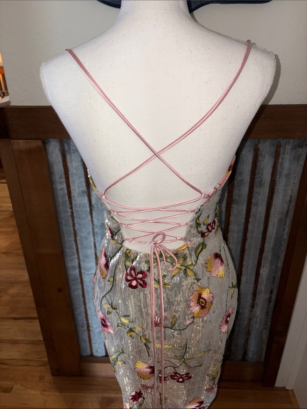 Macy's Silver Sequin Maxi Dress with Pink & Yellow Floral Embroidery - Picture 4 of 4